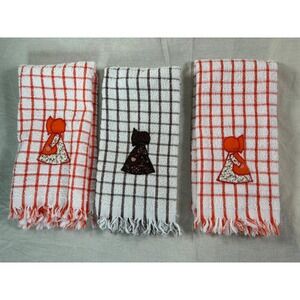 Vtg Cannon Kitchen Towels Set of (3) Sunbonnet Girl Applique Fringe Brown Orange
